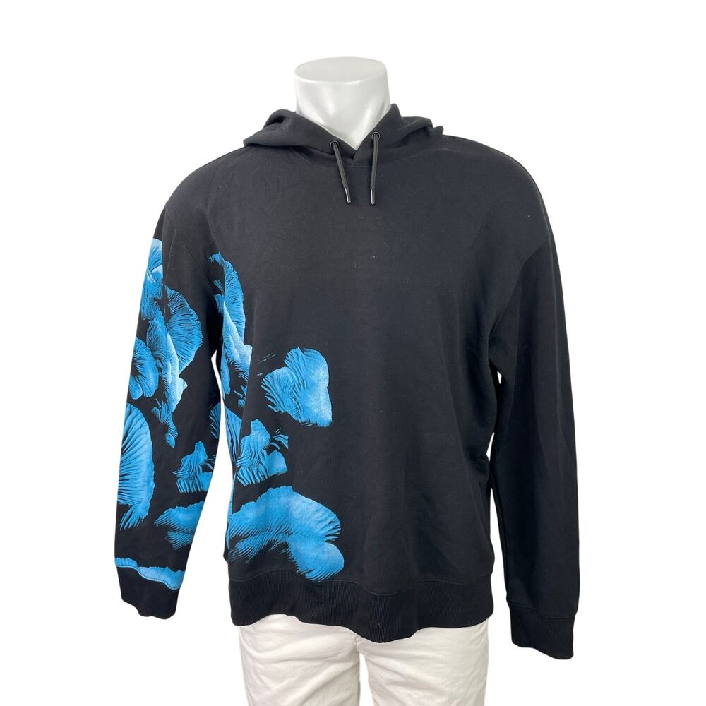 H&M Men's Black Blue Floral Graphic Long Sleeve Hoodie Hooded Sweatshirt Size L